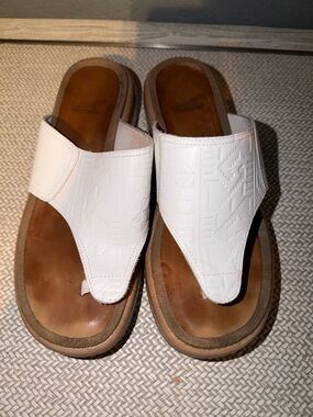 Dansko White Leather Thong Mules with Brown Footbed